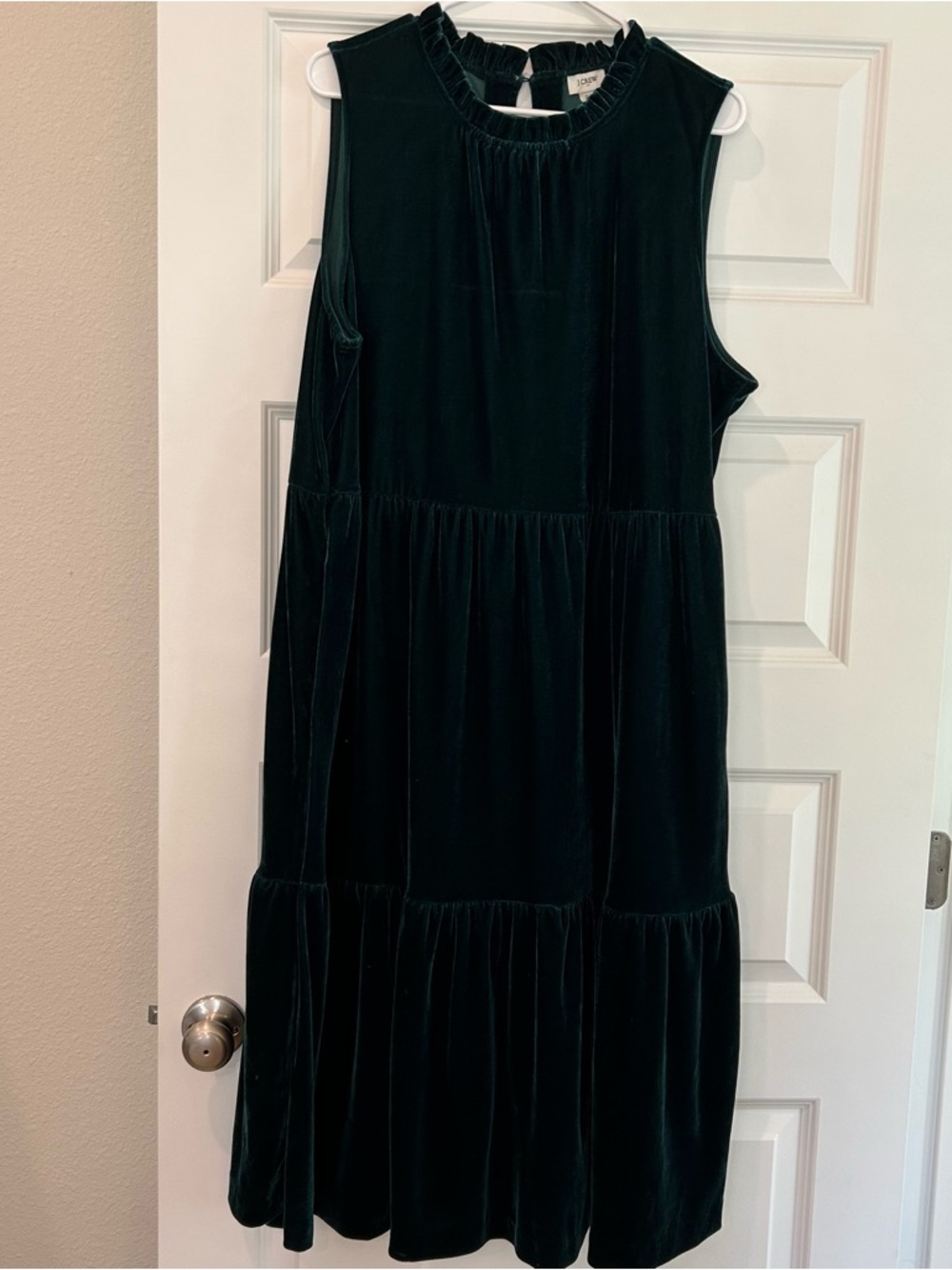 J. Crew Dark Green Velvet Midi Dress with Ruffle Neck